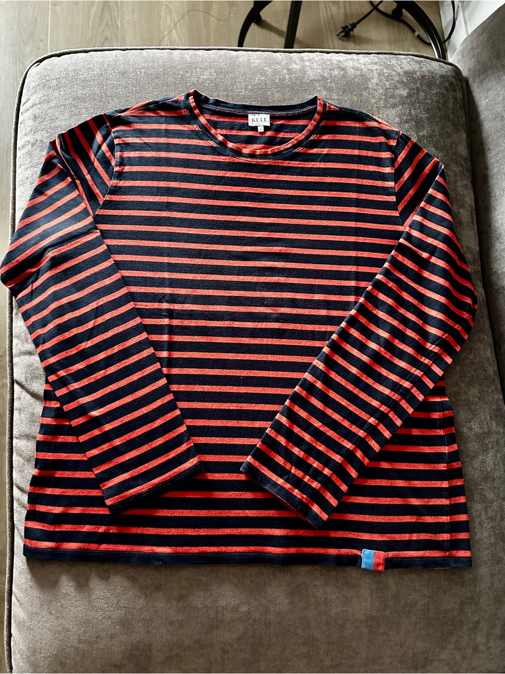 KULE Red/Navy Striped Crewneck 100% Cotton Long Sleeve Tee Sweater Preppy Fall S